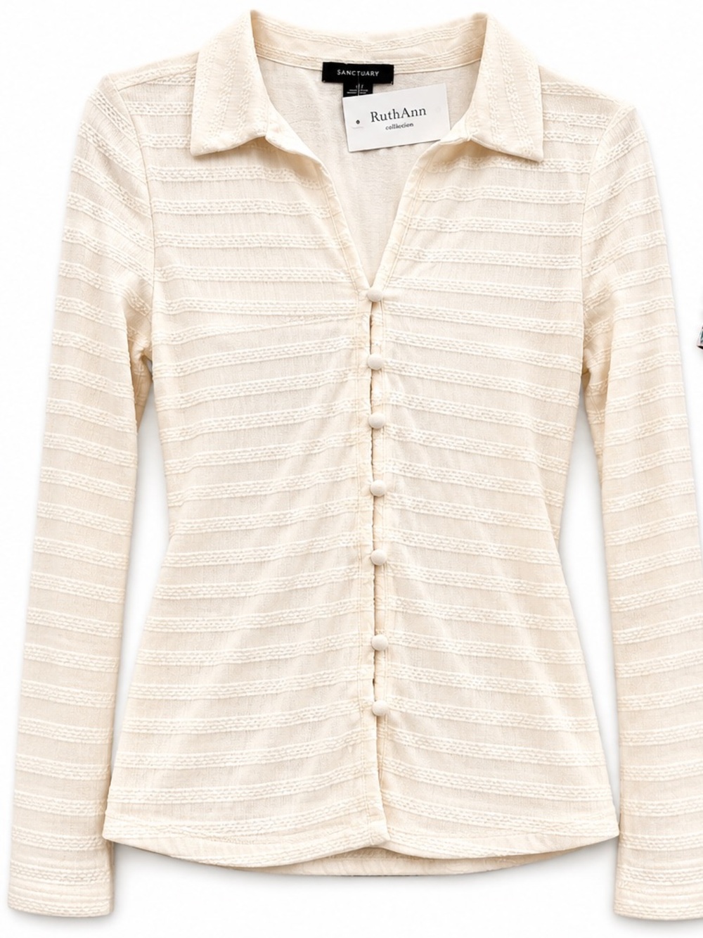 Sanctuary Cream Textured Button-Front Long Sleeve Shirt L